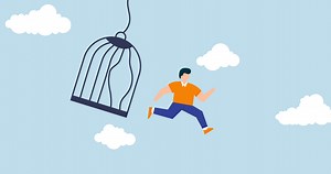 Download 4k animation of get out of comfort zone to find new job. courage businessman escape from bird cage jump and fly away for free