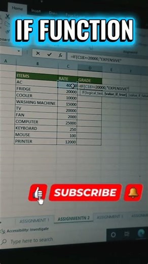 IF FUNCTION #shorts #excelshorts #exceltips #exceltricks #learnexcel