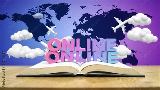 Dynamic Online Learning Concept - Global Travel, Animated Text, World Map, Airplanes, and Open Book.