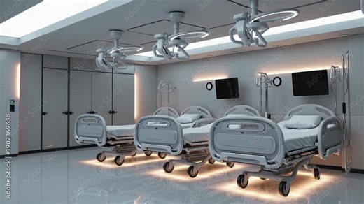 Comfortable Recovery Zone With Patient Amenities, Welldesigned Space For Patient Recovery And Monitoring Needs, Extensive Postsurgery Recovery Chamber Featuring Several Beds And Soothing Environment