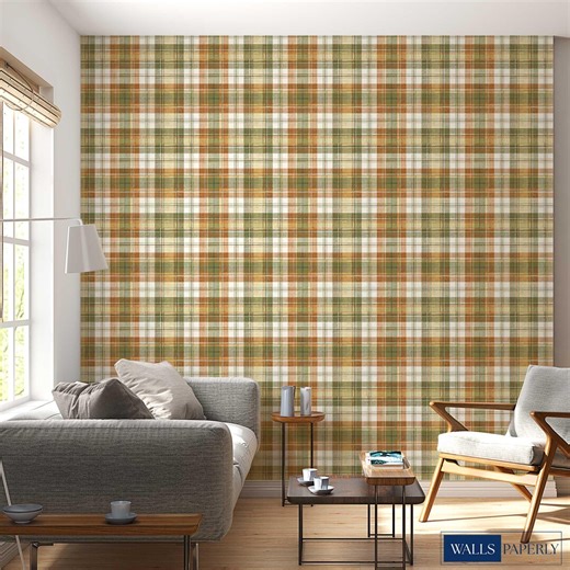 Country Gingham Plaid Wallpaper in Green and Brown - Etsy