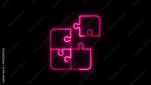 Neon pink jigsaw puzzle pieces forming and separating animation on a black screen. Strategy. Problem solving. Team building. Business integration