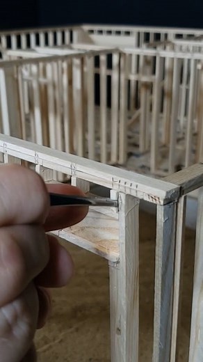 Timber Reimagined on Instagram: "Check out this model house garage walls getting built! This house was designed by #advancedhouseplans #modelhouse #modelbuilding #diy #diycrafts #framing #building #patience #scalemodels #scale #mini #miniature"