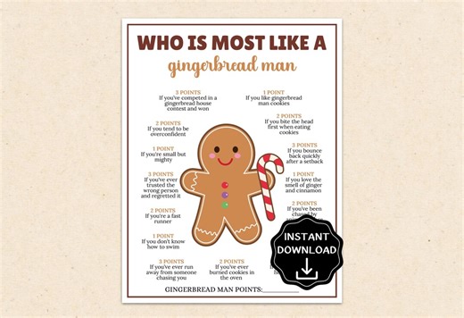 Who is Most Like A Gingerbread Man Game, Gingerbread Games for Kids & Adults, Christmas Cookie Exchange Party, Friendsmas Games,office Party - Etsy
