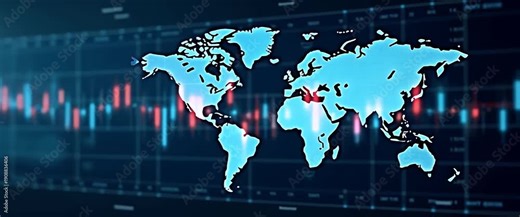 World map with glowing data points pulses as the camera slowly pans across a digital stock market display, creating a dynamic, cinematic visualization of global finance trends.