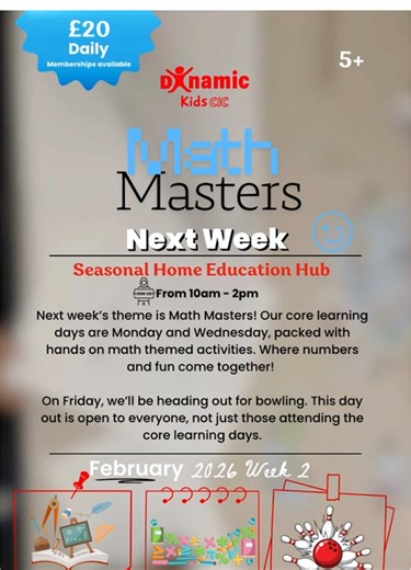 🧮🧠Math Masters Week is approaching! Join us Monday & Wednesday for hands on, fun filled maths activities where numbers come to life. On Friday, we’re off to bowling… and this is open to everyone 🎳! Don’t miss out on a week of learning and fun😊. . . . #HomeEducation #Westbromwich #math #bowling #KidsLearning
