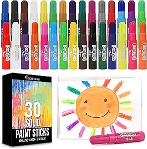 Tempera Paint for Kids and Toddlers - 30 Large Paint Sticks - Washable, Solid, Non Toxic, Mess free Paint Set - Arts and Crafts for Kids - for Wood, Glass, Canvas, or Card painting