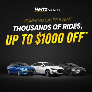 🚨 The Year-End Sales Event is HERE. Get behind the wheel with up to $1,000 off. *Terms apply. https://bit.ly/3JHeDs9 | Hertz Car Sales