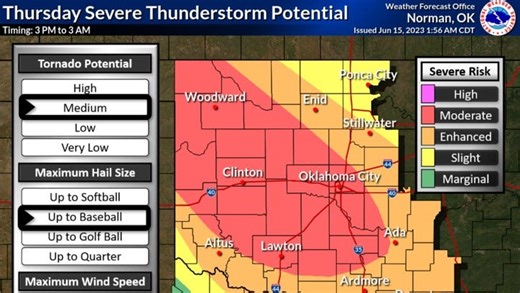 Large hail, tornadoes possible in Oklahoma on Thursday