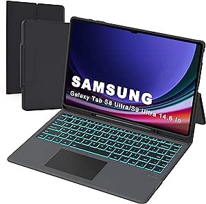 for 14.6 inch Samsung Galaxy Tab S9 Ultra /S8 Ultra/S10 Ultra Case with Keyboard - Folio Tablet Book Cover with Touchpad - 7 Colors Backlit Keyboard Case with S Pen Holder & Trackpad Black