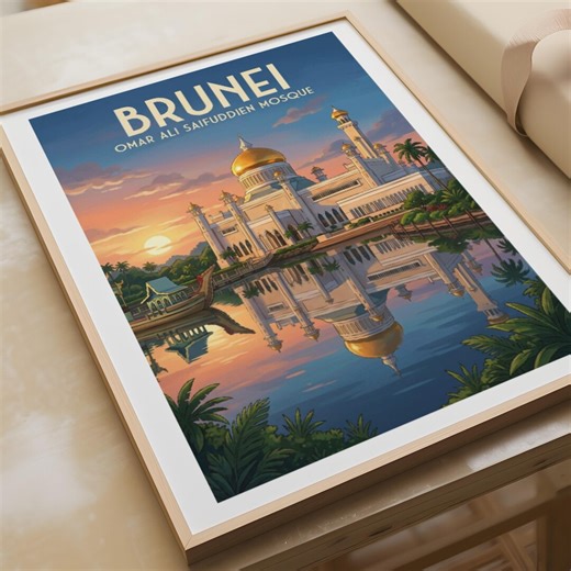 Brunei Travel Poster - Omar Ali Saifuddien Mosque Wall Art Print - Etsy