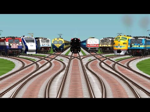 Nine Trains Crossing By Bumpy Branched Railroad Tracks || High Speed Trains || Train Simulator Game