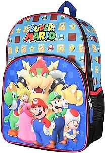 Super Mario Backpack Bowser Luigi Princess Peach Yoshi 16" Kids Bag School Travel Backpack With Quilted Front Design