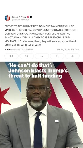 NBC Chicago on Instagram: ""I am not going to entertain his threat as a function he can actually do," Chicago mayor Brandon Johnson expressed his strong opposition to President Trump's threat to halt federal payments to sancutary cities and states such as Chicago, IL. Johnson pointed to the potential of another lawsuit in response to the threats. #chicago #sancturarycity #trump"