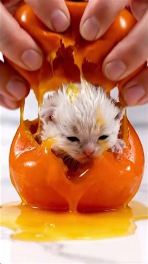 “Squashing a Fruit | White Kitten Inside 🐱🍊”