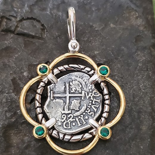 Atocha Silver Coin Pendant - Shipwreck Jewelry, Green Topaz, Sterling Silver & 14kt Gold - Etsy