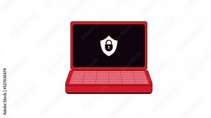 cyber protection of modern information technologies. Simple animation with a red computer on a white background. Protection against cyber attacks, hackers, viruses.