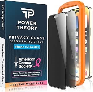 Power Theory compatible with iPhone 15 Pro Max Privacy Screen Protector Tempered Glass Anti Spy Protection, [Benefits American Cancer Society], 9H Hardness, Easy Install Kit, Case Friendly, 2 Pack