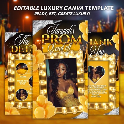 Prom Invitation & Itinerary Luxury Bundle, Yellow Gold Diamond Girl Prom Queen Party, Editable Canva Template, Prom Night Memories - Etsy