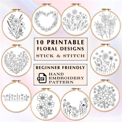 10 Flowers Hand Embroidery Pattern Bundle, Easy Floral Embroidery Templates, Beginner DIY Floral Stick & Stitch, Botanical Line Art PDF - Etsy