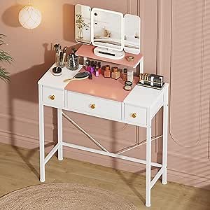 HIGDBFE Small Makeup Vanity Desk 27.5''W with Mirror and Lights, Vanity Desk with 3 Fabric Drawers and Height-Adjustable Stand, Vanity Table for Girls Gifts, Bedroom and Small Spaces, White&Pink
