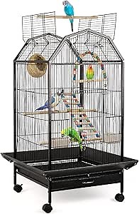Bird Cage Open Top Standing Parrot Parakeet Cage with Rolling Stand Large Metal Bird Flight Cage for Conure Parekette Cockatiel Finch Macaw Cockatoo Pet House,Black,Height 34 inch