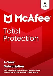 McAfee Total Protection 5-Device | AntiVirus Software 2026 for Windows PC & Mac, AI Scam Detection, VPN, Password Manager, Identity Monitoring | 1-Year Subscription with Auto-Renewal | Key Card