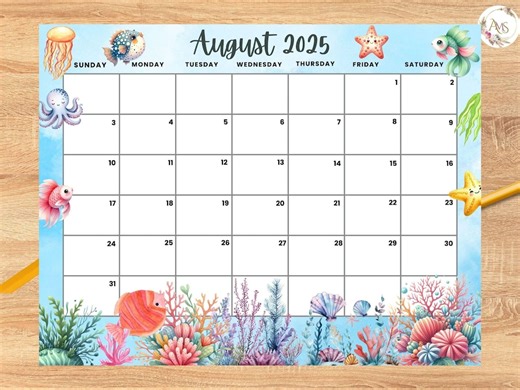 August 2026 Calendar, Cute Ocean Creatures Planner (editable, Printable PDF) - Etsy