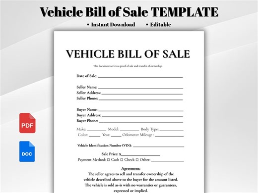 Vehicle Bill of Sale Template | Editable for Car Sales | Printable PDF & Word | Auto Form | Instant Download | A4 US Letter - Etsy