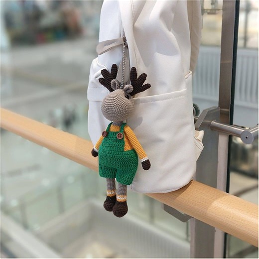 Handmade Crochet Deer Keychain – Kawaii Forest Reindeer in Green Overalls, Amigurumi Backpack & Bag Charm Gift - Etsy