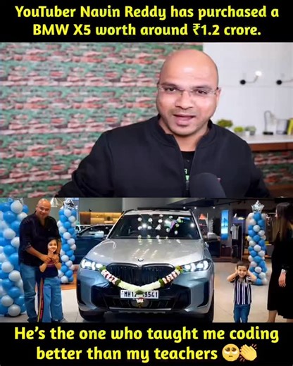 Job Creater on Instagram: "🚀 From Code to BMW! 💻➡️🏎️ Tech YouTuber Navin Reddy just bagged a BMW X5 ₹1.2Cr! 💰👏 From teaching lakhs of students for free to building a tech empire, his grind proves knowledge pays! 🥺✨ . . . . . #NavinReddy #TechYouTuber #FromCodeToCar #BMWX5 #SuccessStory #HardWorkPays #TechCommunity #CodingLife #Inspiration"