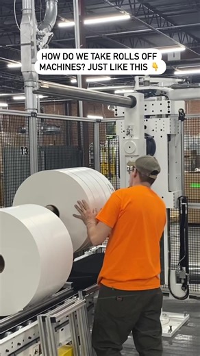 Our crew is 'roll'-y good at changing paper out with accuracy and efficiency 👏 This machine is the #Catbridge slitter/rewinder, which is used for converting Tobacco board inner frame rolls. #packaging #behindthescenes #paperproduction #warehouse #slitterrewinder