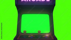 Retro Arcade Machine. Glowing Arcade Machine with green screen. Zoom In