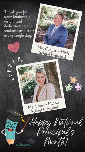 Odyssey Online Learning on Instagram: "🎉 Happy National Principals Month! 🎉 We’re so grateful for the leadership, guidance, and heart our principals bring to our school every single day. Thank you for inspiring our students, supporting our staff, and leading with passion and purpose! 💙 #ThankAPrincipal #NationalPrincipalsMonth #OdysseyOnlineLearning #EmpowerAchieveSucceed #studentsuccess #VirtualLearning #OnlineLearning"