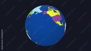 Rotating planet. Slanted sphere view. Slow speed planet rotation. Colored countries style.