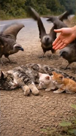 Group of Vultures Attacking & Eating Dying Cat! Brave Man Rushes In