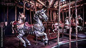 Vintage carousel horses in an ornate, dimly lit setting, evoking a sense of nostalgia and childhood memories. Perfect for themes of nostalgia, vintage amusement parks, and classic entertainment