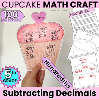 5th Grade Cupcake Valentine's Day Math Craft Subtracting Decimals Hundredths