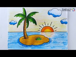 Beautiful Island Sunset Scenery Drawing | Easy Step by Step Tutorial