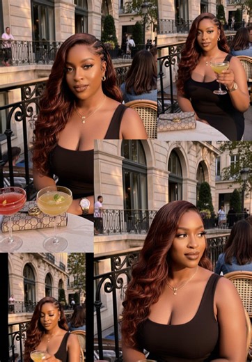 Gemini AI Prompts For Photos @Empress_Leelee💄💋 PROMPT: using the photo provided, create a high-end, high definition, Ultra-realistic 8K lifestyle fashion portrait of a stylish, curvy, fiercely stunning, glamorous Black woman seated at a luxury modern outdoor European café terrace during golden hour with patrons in view a sunset. She wears a sleek black sleeveless bodycon dress. Her hair is long shiny wavy glamorous fiercely stunning dark cinnamon hair with light cinnamon highlights styled with