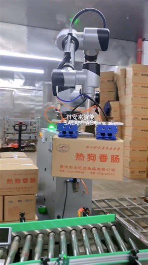 Smart palletizing at work! Robotic arm handles cartons smoothly, perfect for flexible factories.