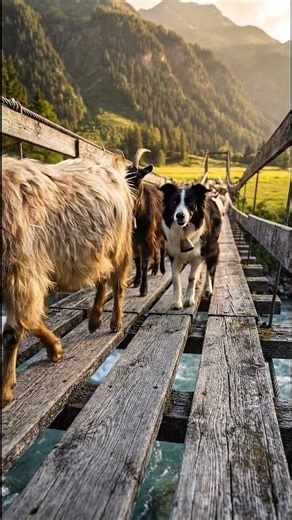 Goat Herd Crossing Alpine Bridge at Golden Hour