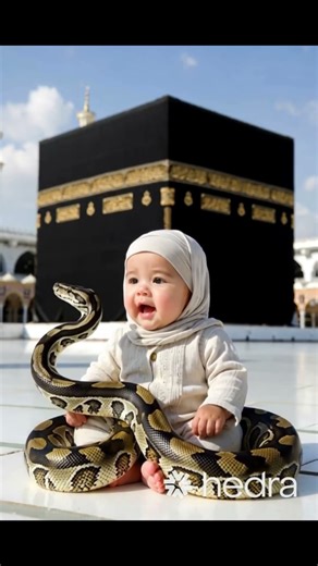 A six-month-old baby reading a Quran verse beside his pet python.”