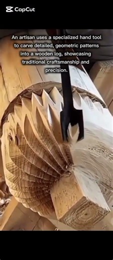 Intricate Hand Carving on Wooden Log