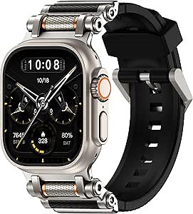 TAURI Silicone for Apple Watch Bands Ultra 3/2/1 49mm [Liquid Silicone Strap + Stainless Steel Metal Connector] Sport Band for iWatch 49mm Adjustable Band Men Women, Black