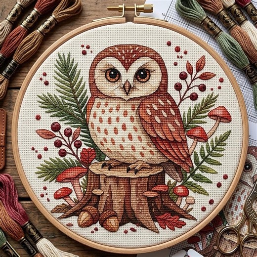 Woodland Owl Cross Stitch Pattern, Autumn Forest Animal Embroidery Chart (PDF) - Etsy
