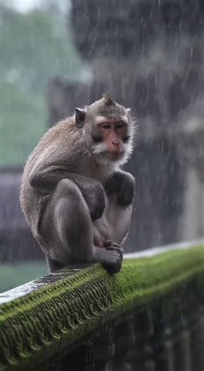 A lone, older Cambodian Long-tailed Macaque sits huddled on a moss-covered stone railing
