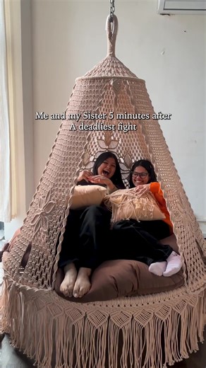 Pov: Me and my sister 5 minutes after a terrible fight 😂🔥 To place your order 👇 Contact us ☎️- 91 8287901427 Visit website- www.swingsaga.com We deliver across India & abroad 🌍 (Swing saga, Sister goals, sibling goals, funny, relatable, sisters, best friends forever, bed swing, sofa swing, swing bed, macrame swing, boho swing, bohemian design, boho room corner, home decor, luxury room makeover, luxury home decor, rented apartment, luxury home interior, wall hanging, macrame wall hanging, mac