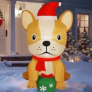 Juegoal Christmas Inflatables Outdoor Decorations, 5FT Inflatable Xmas Bulldog, Lighted Blow Up Sitting Puppy Dog with Xmas Hat, Built in LED Lights, Light Up Holiday Winter Lawn Yard Garden Decor