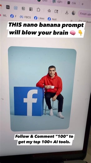 Another amazing nano banana prompt you should try today: Hyper-realistic full-body portrait of the uploaded person, sitting. A large vertical Facebook icon stands beside them, slightly tilted; they lean one arm on it while holding a cup in the other hand. Shot in a full-frame DSLR style (85mm, f/1.x) with shallow depth of field and the face in razor-sharp focus, showing real skin texture and lifelike eyes. Set in a minimal pastel-blue studio with soft cinematic lighting. Ultra-detailed clothing,